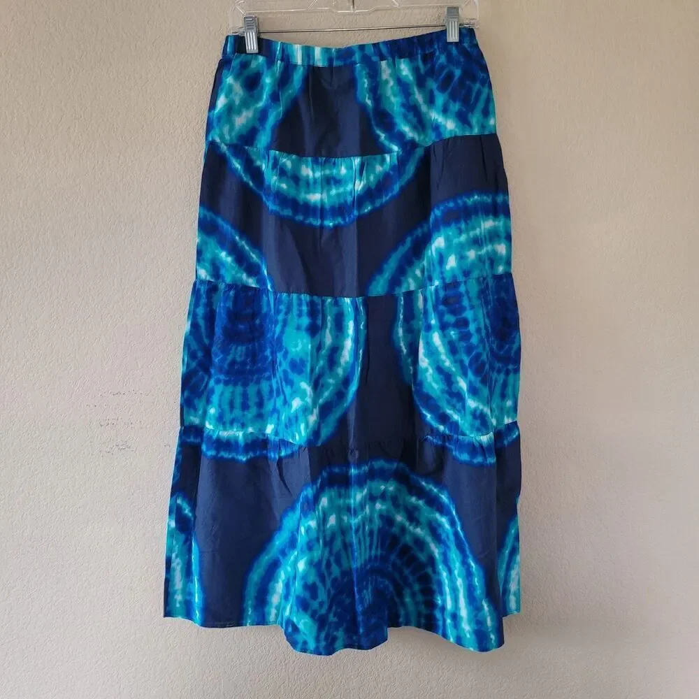 Jones New York Sport Tiered Tie Dye Print Maxi Cotton Skirt Size Small Coastal